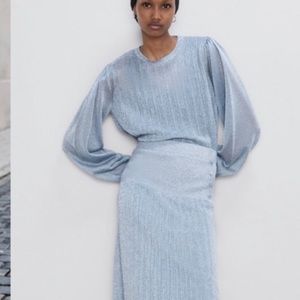 NWT Zara Blue Sparkle Long-Sleeve Blouse M